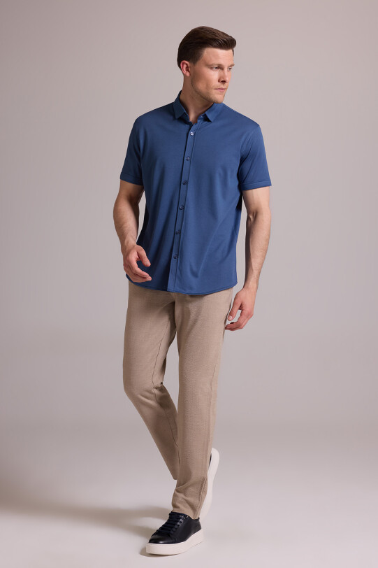Erkek Mavi Merserize Kısa Kol Gömlek