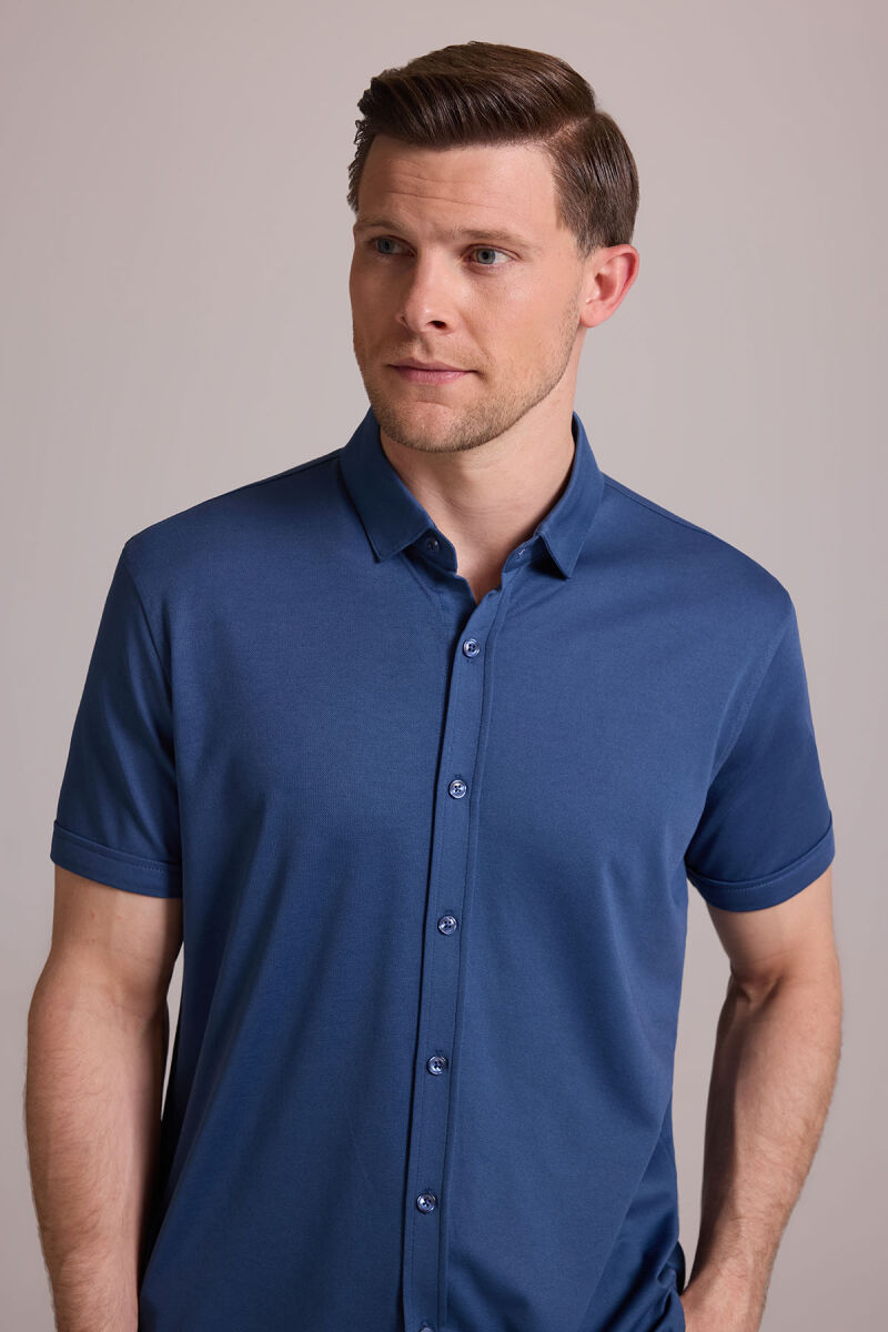 Erkek Mavi Merserize Kısa Kol Gömlek - 5