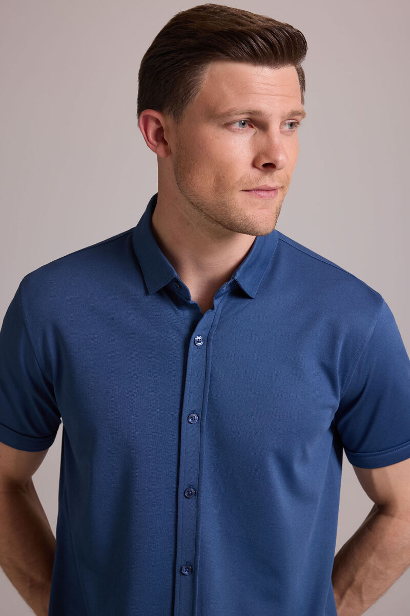 Erkek Mavi Merserize Kısa Kol Gömlek - 6