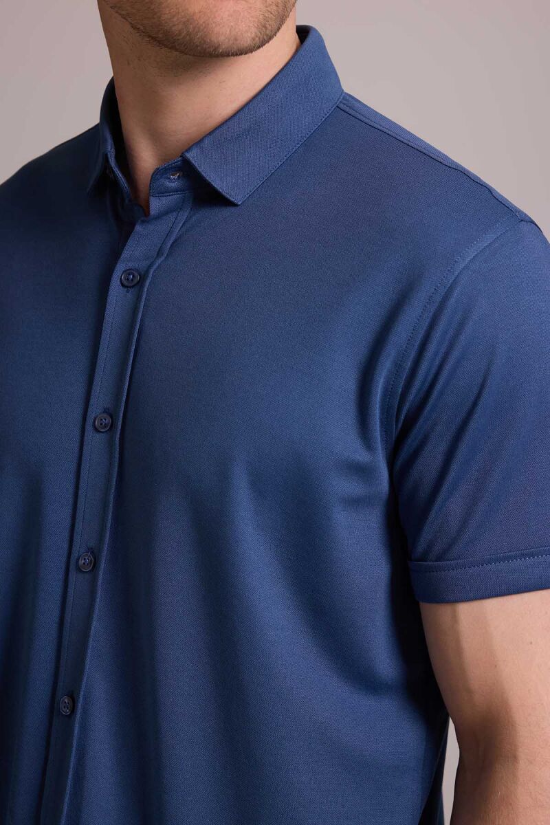Erkek Mavi Merserize Kısa Kol Gömlek - 7
