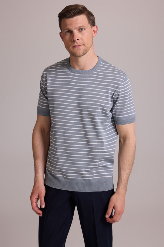 Erkek Mavi Regular Fit Bisiklet Yaka Çizgili Tişört