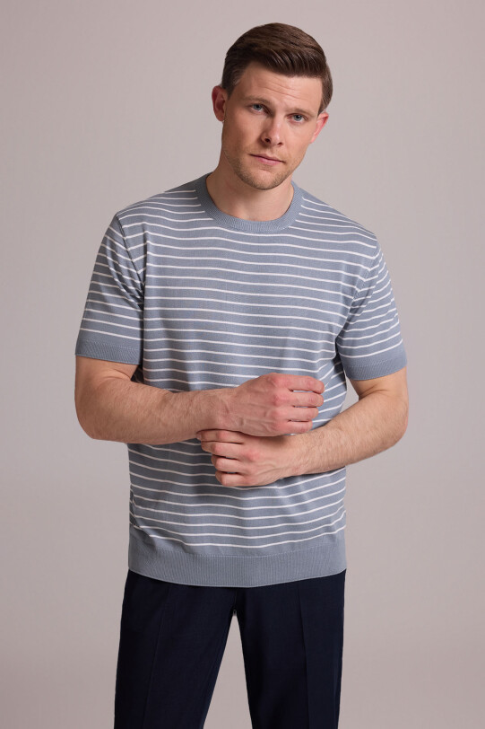 Erkek Mavi Regular Fit Bisiklet Yaka Çizgili Tişört