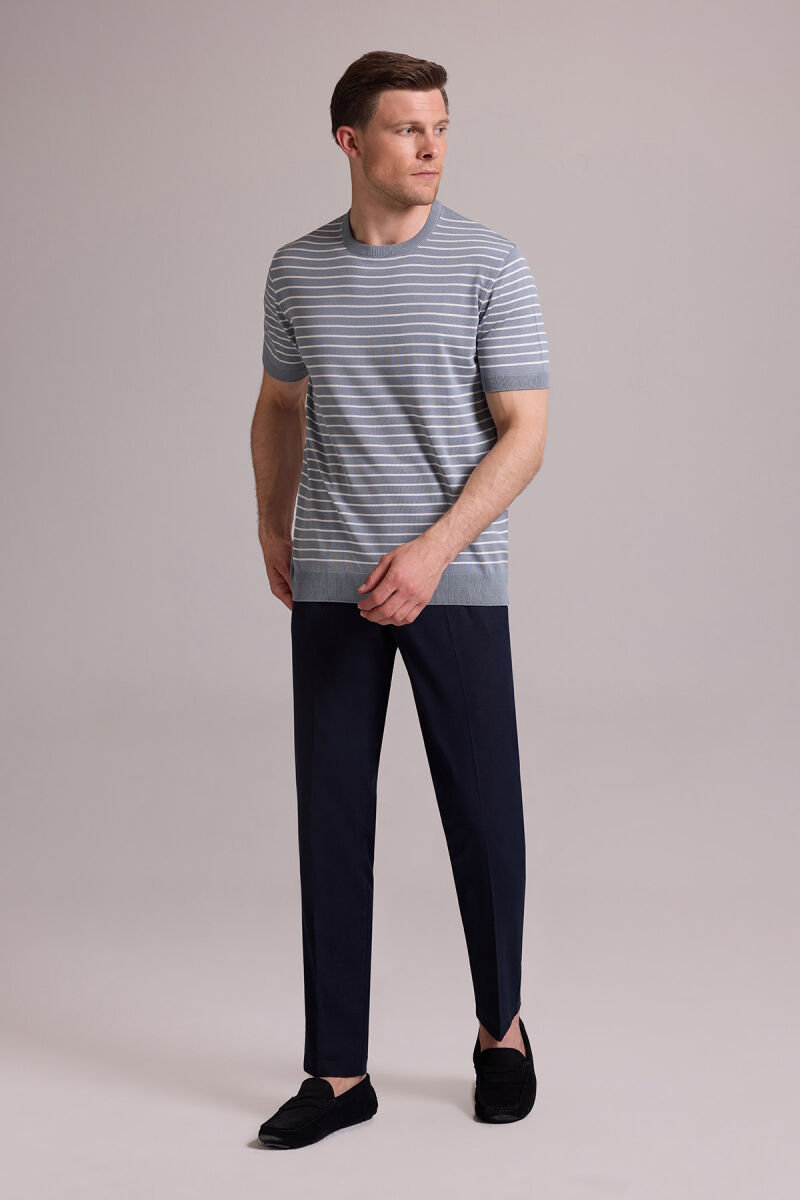 Erkek Mavi Regular Fit Bisiklet Yaka Çizgili Tişört - 4