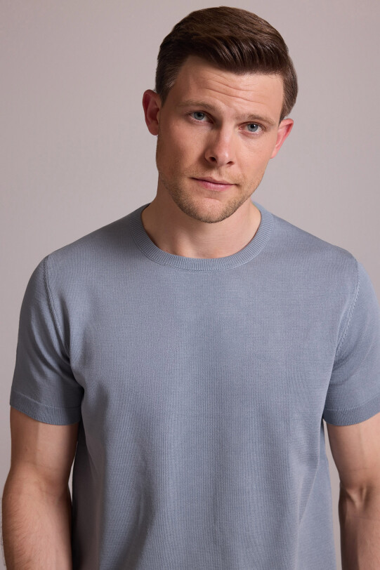 Erkek Mavi Regular Fit Bisiklet Yaka Triko Tişört