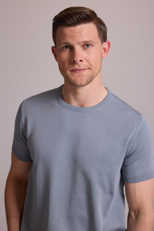 Erkek Mavi Regular Fit Bisiklet Yaka Triko Tişört