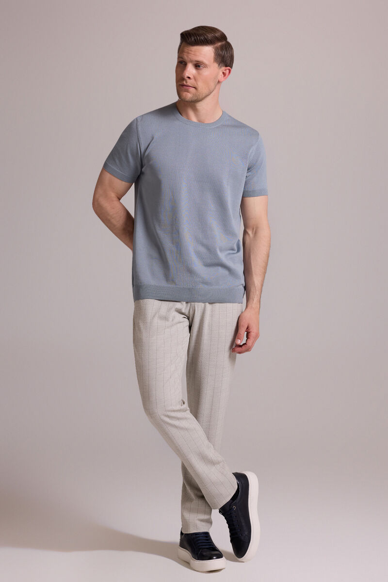 Erkek Mavi Regular Fit Bisiklet Yaka Triko Tişört - 5