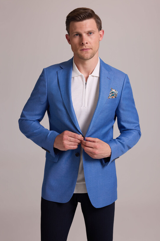 Erkek Mavi Regular Fit Çift Yırtmaç Keten Spor Ceket