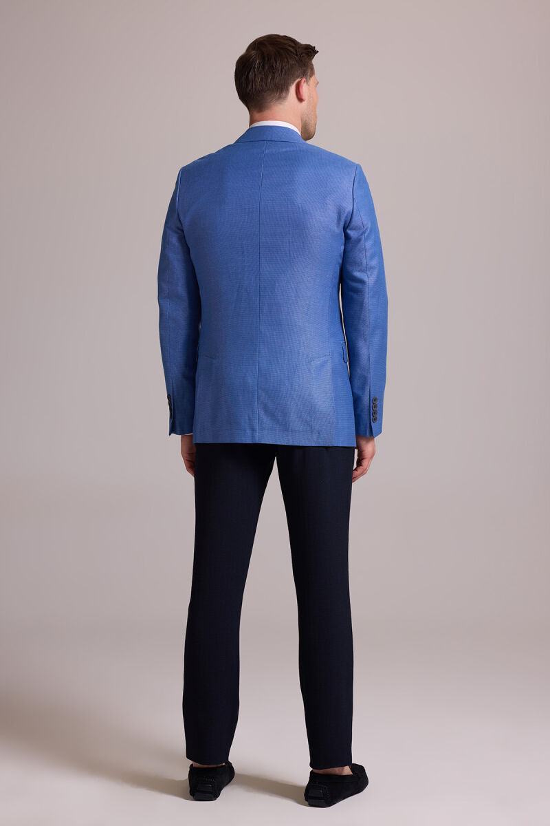 Erkek Mavi Regular Fit Çift Yırtmaç Keten Spor Ceket - 12