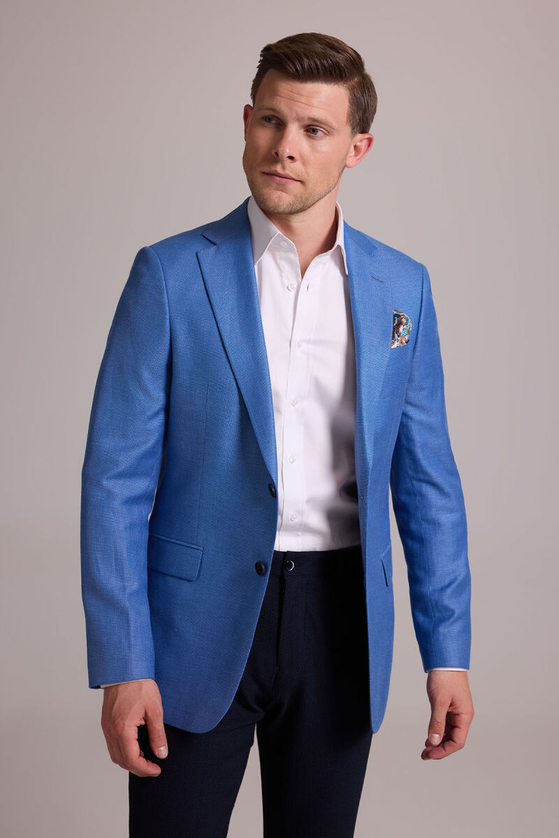 Erkek Mavi Regular Fit Çift Yırtmaç Keten Spor Ceket - 2