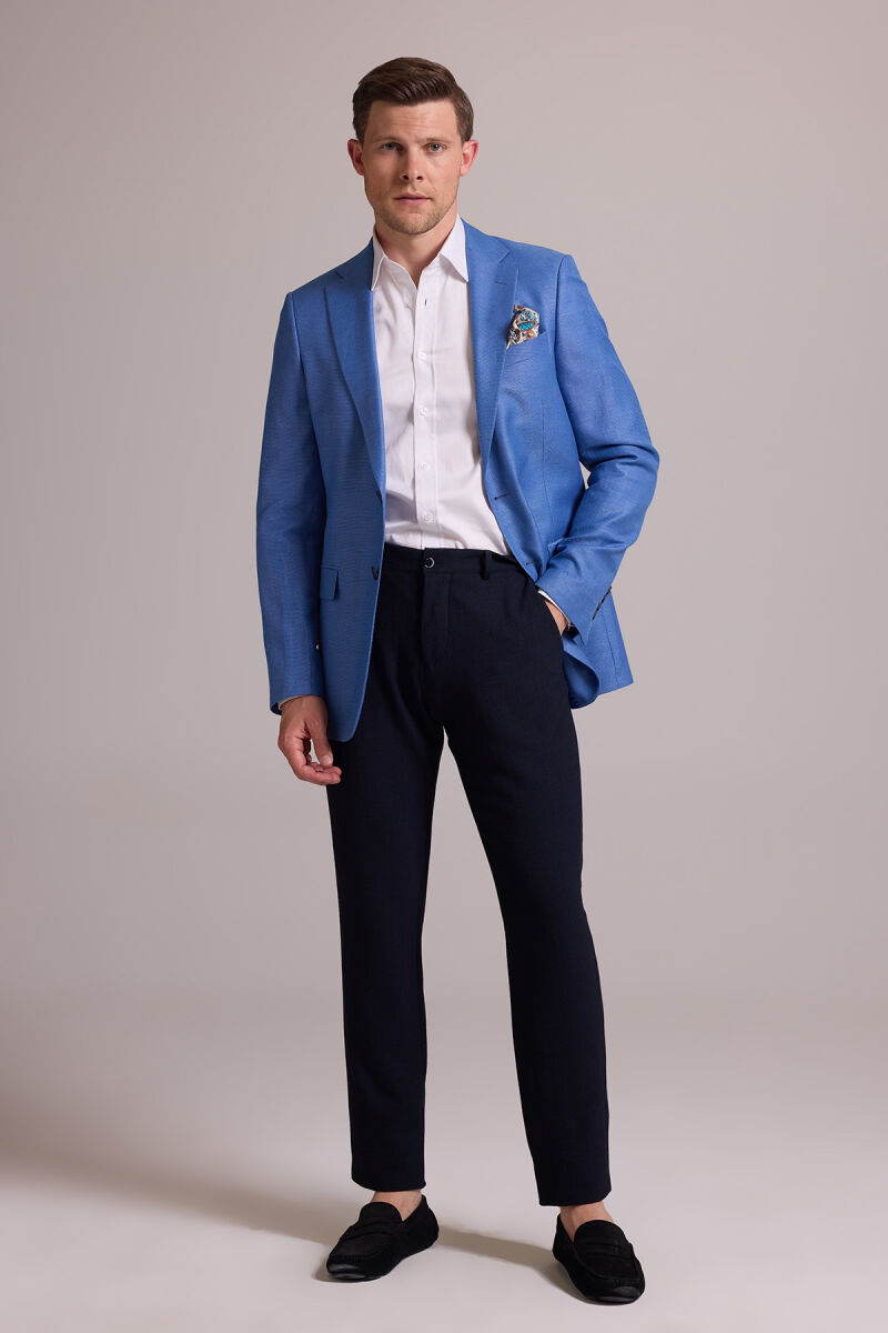 Erkek Mavi Regular Fit Çift Yırtmaç Keten Spor Ceket - 3