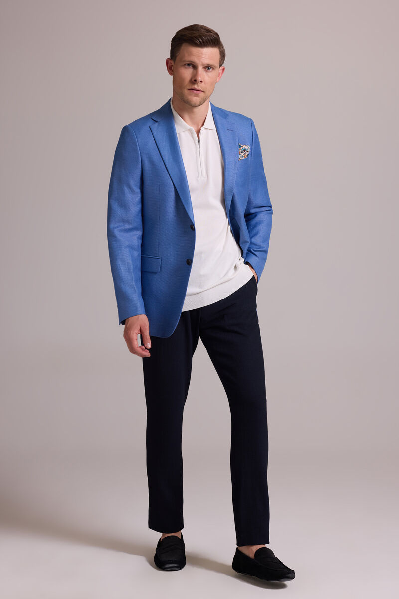 Erkek Mavi Regular Fit Çift Yırtmaç Keten Spor Ceket - 4