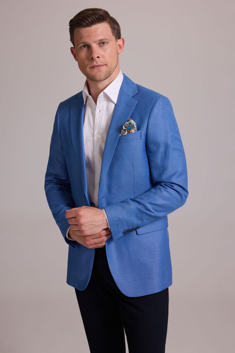 Erkek Mavi Regular Fit Çift Yırtmaç Keten Spor Ceket - 5