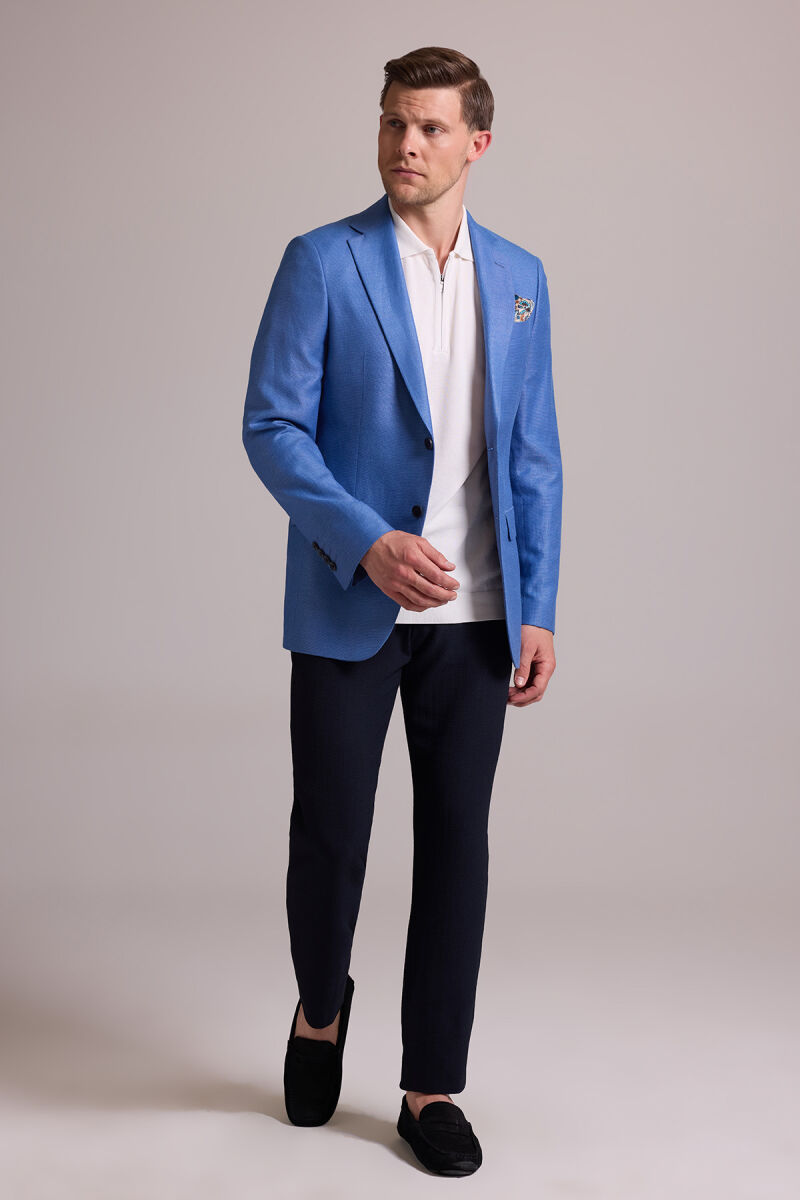 Erkek Mavi Regular Fit Çift Yırtmaç Keten Spor Ceket - 8