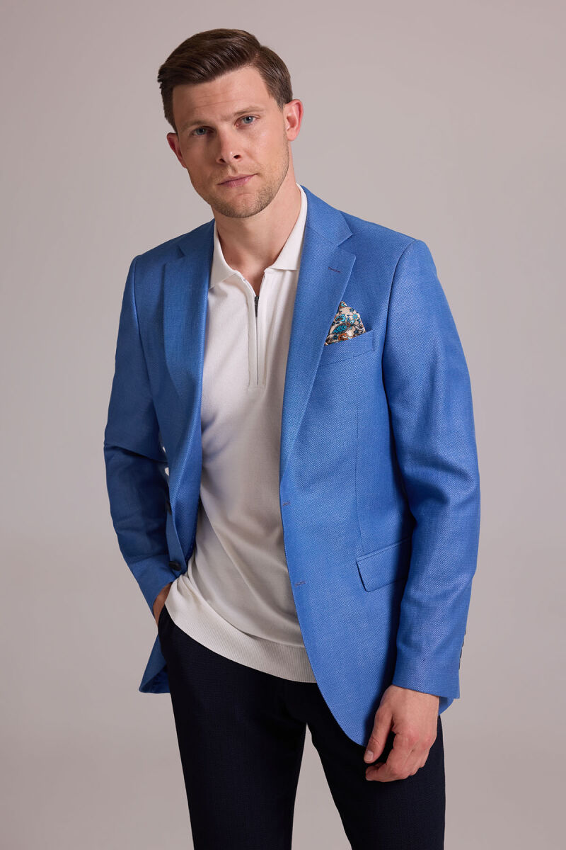 Erkek Mavi Regular Fit Çift Yırtmaç Keten Spor Ceket - 9