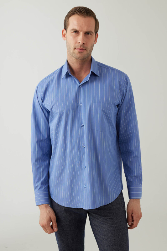 Erkek Mavi Regular Fit Çizgili Pamuklu Gömlek