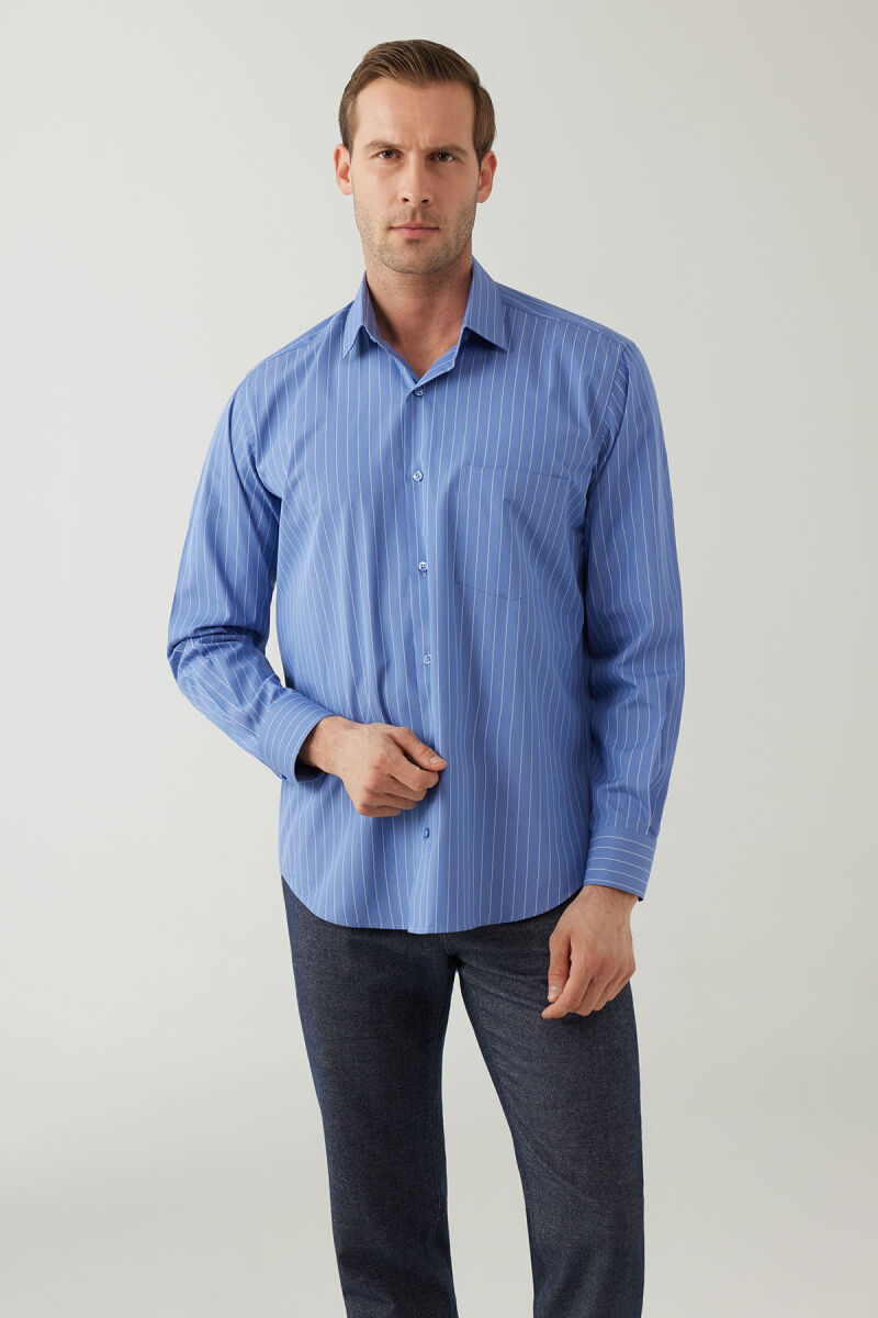 Erkek Mavi Regular Fit Çizgili Pamuklu Gömlek - 2