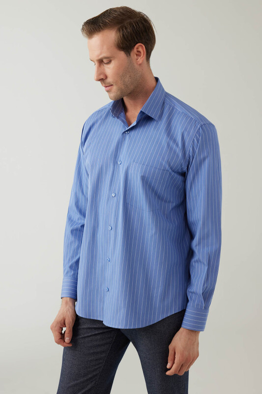 Erkek Mavi Regular Fit Çizgili Pamuklu Gömlek
