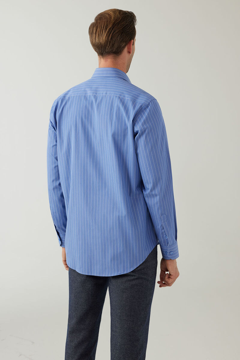 Erkek Mavi Regular Fit Çizgili Pamuklu Gömlek - 5