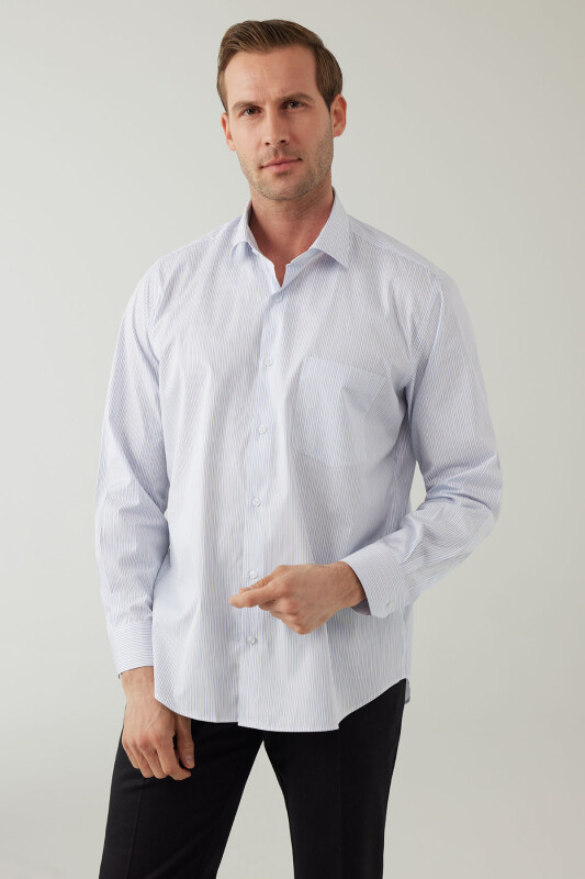 Erkek Mavi Regular Fit Çizgili Pamuklu Gömlek