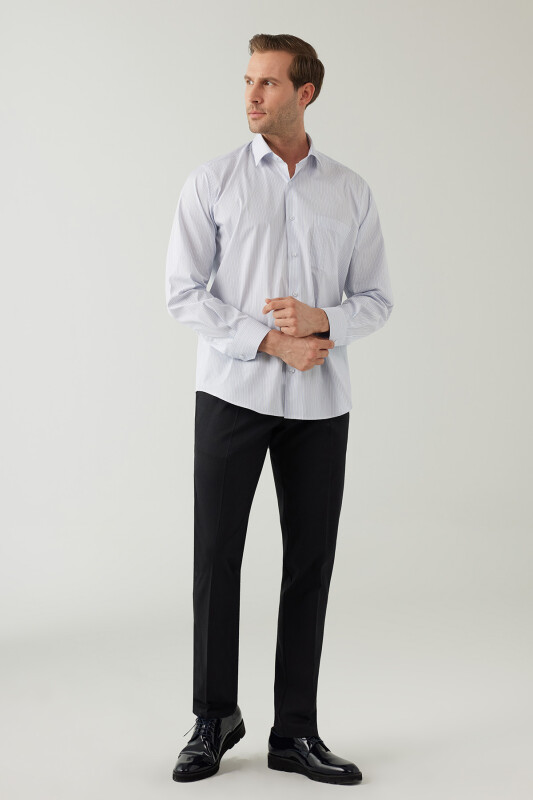 Erkek Mavi Regular Fit Çizgili Pamuklu Gömlek