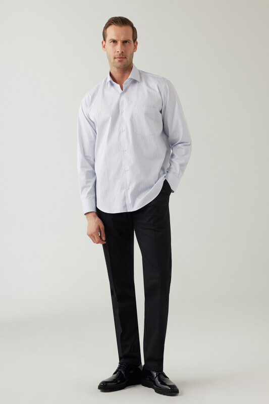 Erkek Mavi Regular Fit Çizgili Pamuklu Gömlek