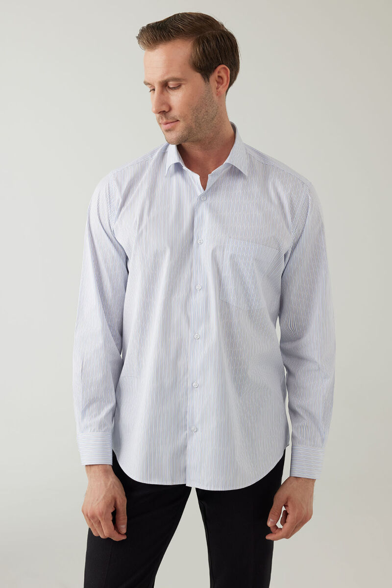 Erkek Mavi Regular Fit Çizgili Pamuklu Gömlek - 5