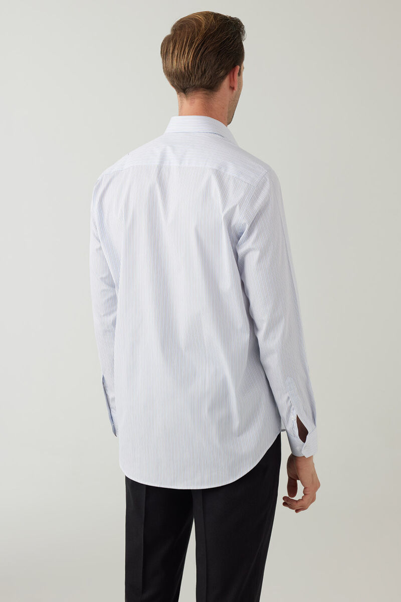 Erkek Mavi Regular Fit Çizgili Pamuklu Gömlek - 8
