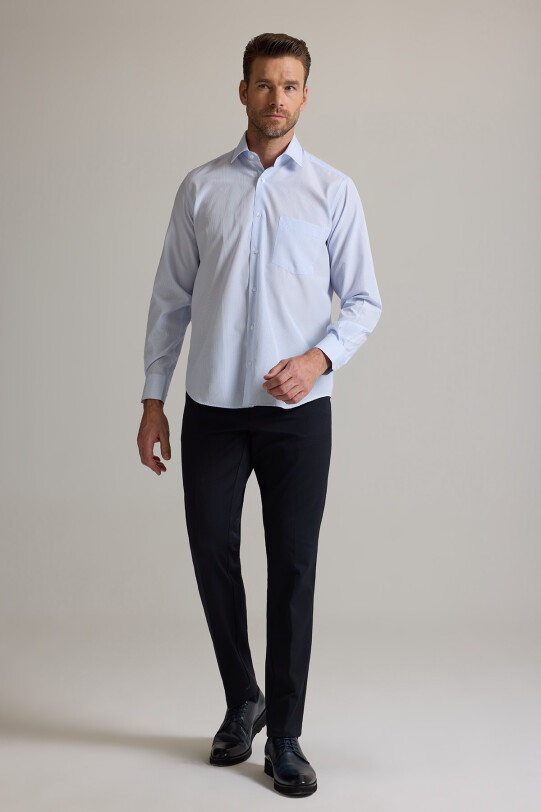 Erkek Mavi Regular Fit Çizgili Pamuklu Gömlek