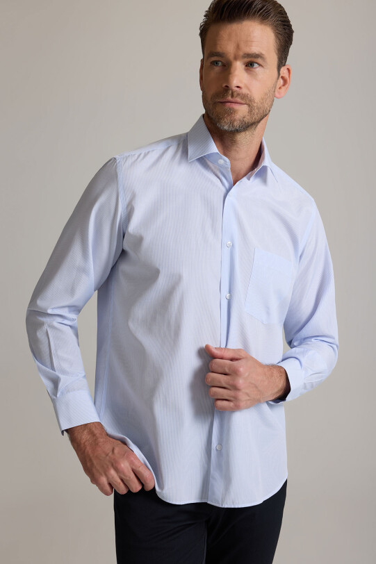 Erkek Mavi Regular Fit Çizgili Pamuklu Gömlek