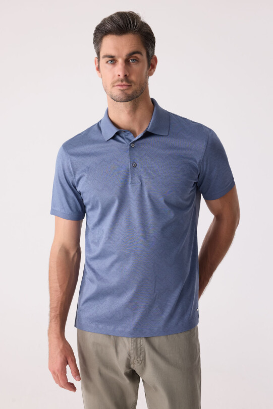 Erkek Mavi Regular Fit Desenli Merserize Polo Yaka Tişört