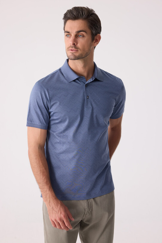 Erkek Mavi Regular Fit Desenli Merserize Polo Yaka Tişört