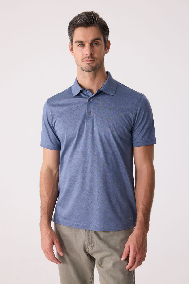 Erkek Mavi Regular Fit Desenli Merserize Polo Yaka Tişört - 5