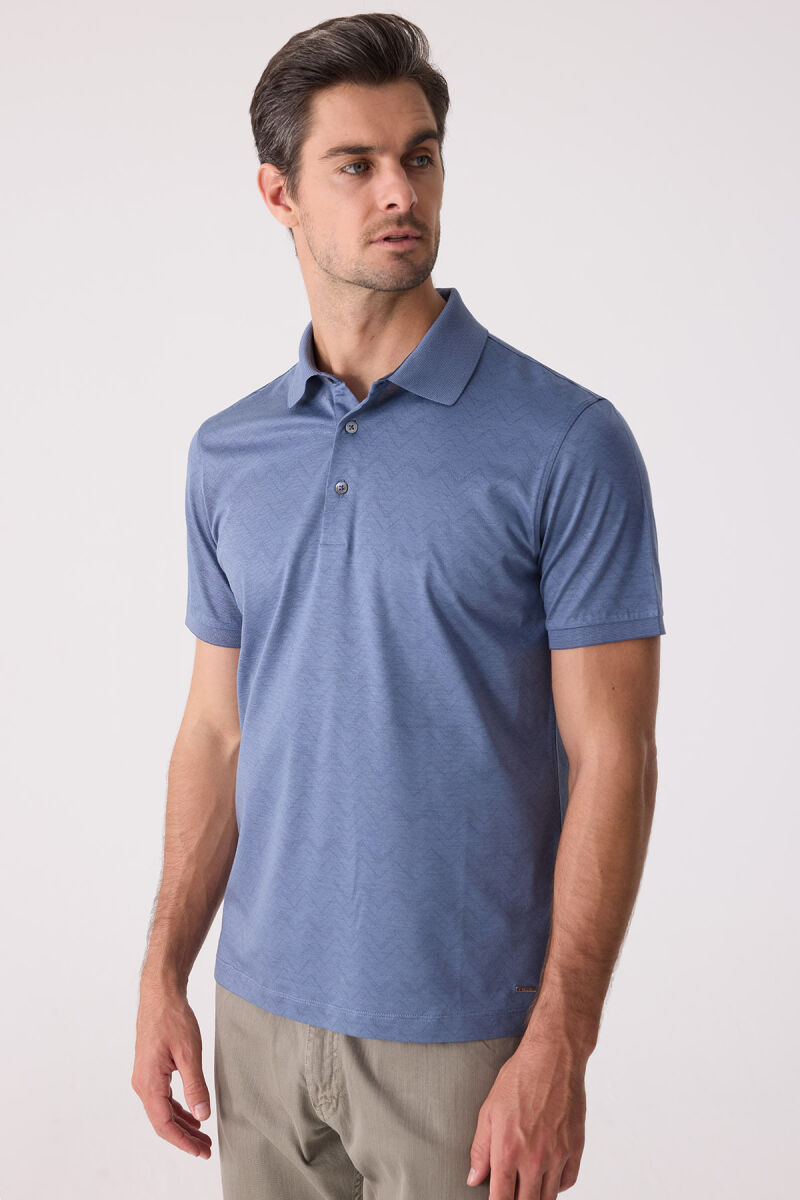Erkek Mavi Regular Fit Desenli Merserize Polo Yaka Tişört - 6