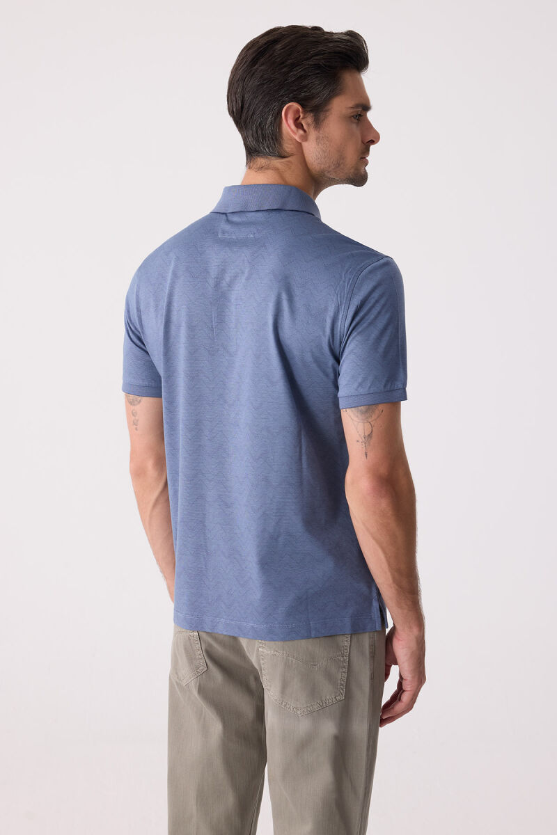 Erkek Mavi Regular Fit Desenli Merserize Polo Yaka Tişört - 8