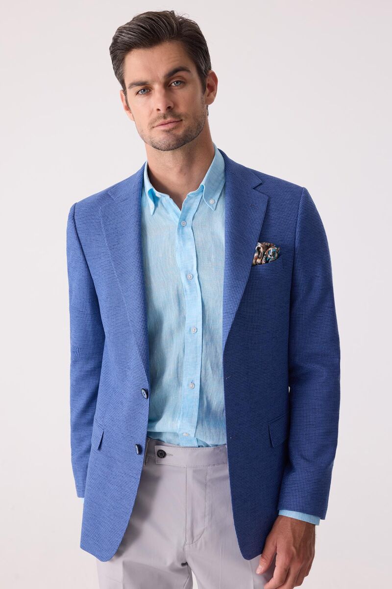 Erkek Mavi Regular Fit Keten Karışımlı Mono Yaka Ceket - 1