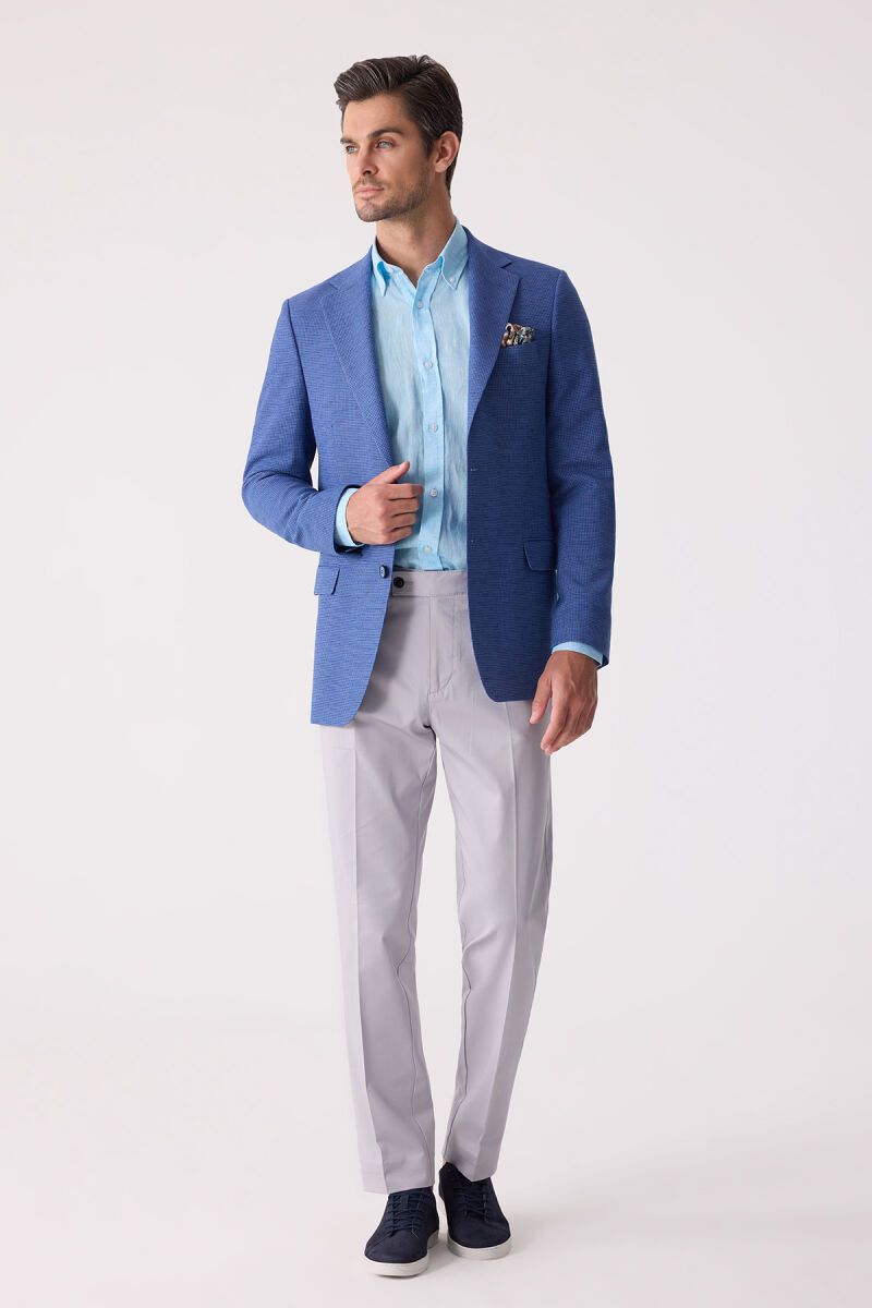 Erkek Mavi Regular Fit Keten Karışımlı Mono Yaka Ceket - 2