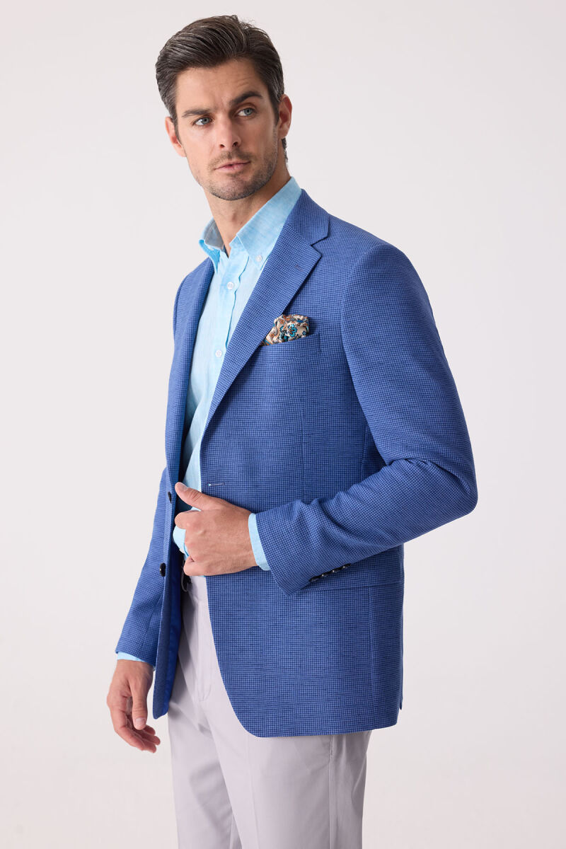 Erkek Mavi Regular Fit Keten Karışımlı Mono Yaka Ceket - 3