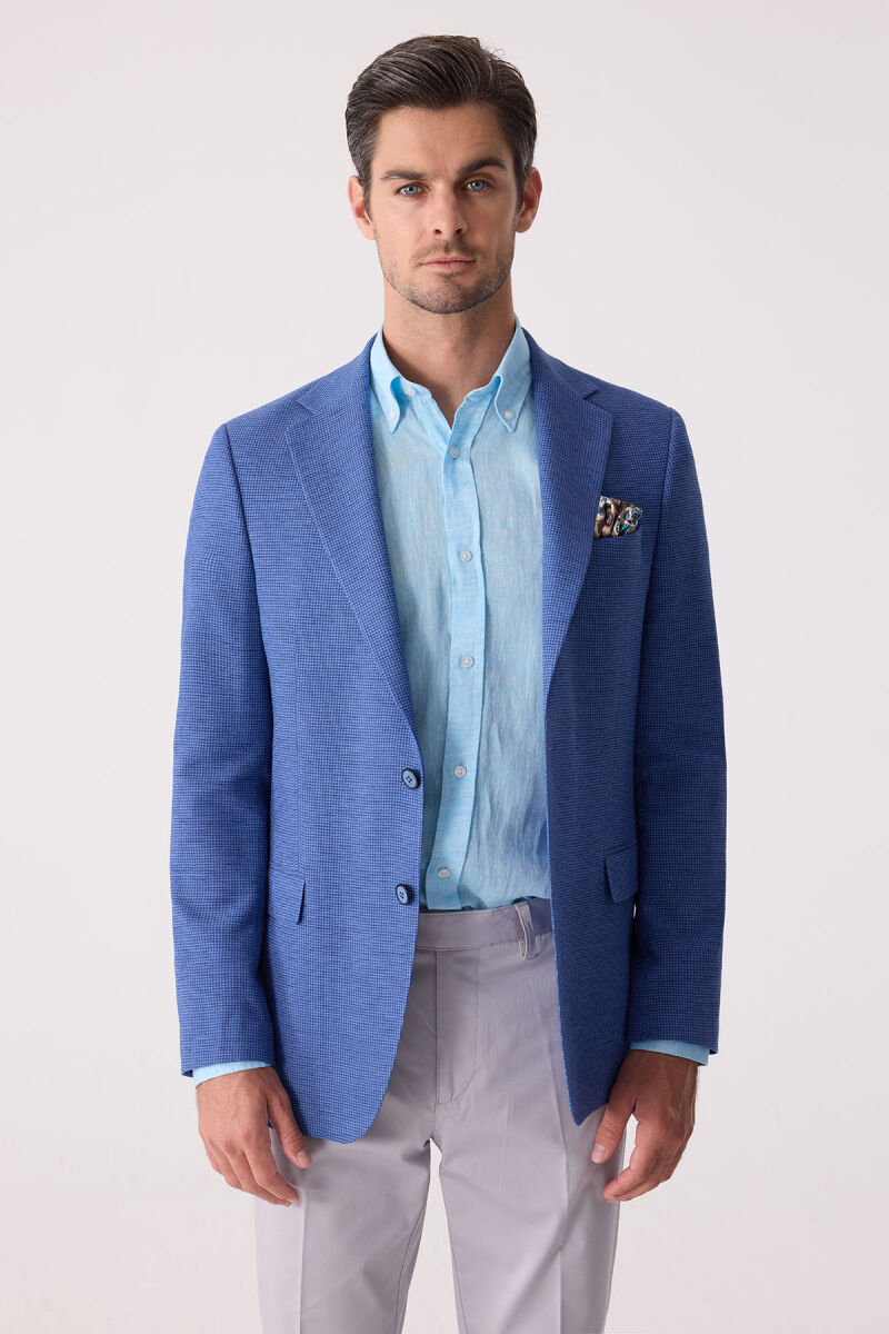 Erkek Mavi Regular Fit Keten Karışımlı Mono Yaka Ceket - 4