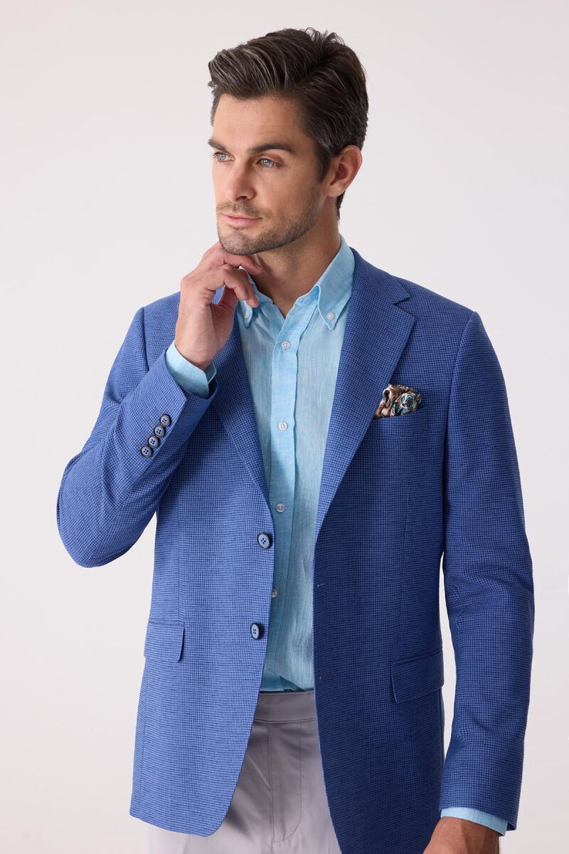 Erkek Mavi Regular Fit Keten Karışımlı Mono Yaka Ceket - 5