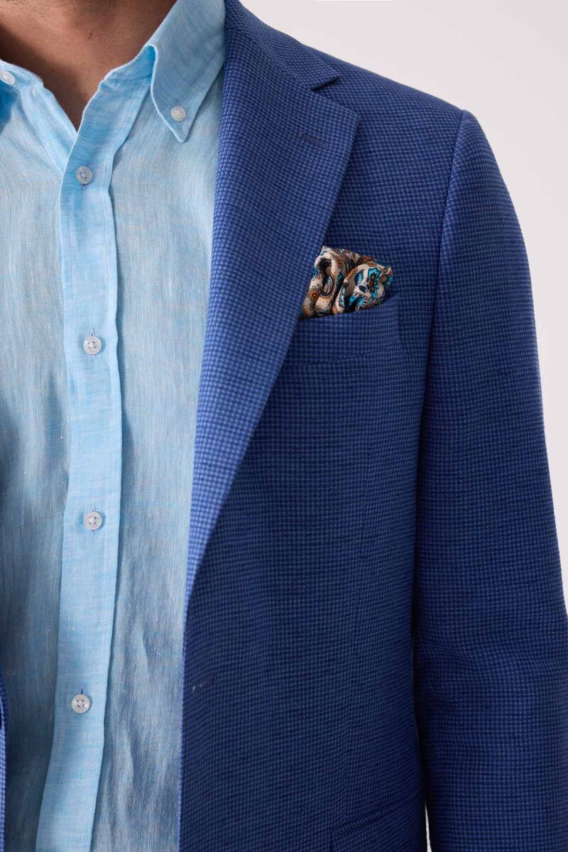 Erkek Mavi Regular Fit Keten Karışımlı Mono Yaka Ceket - 6