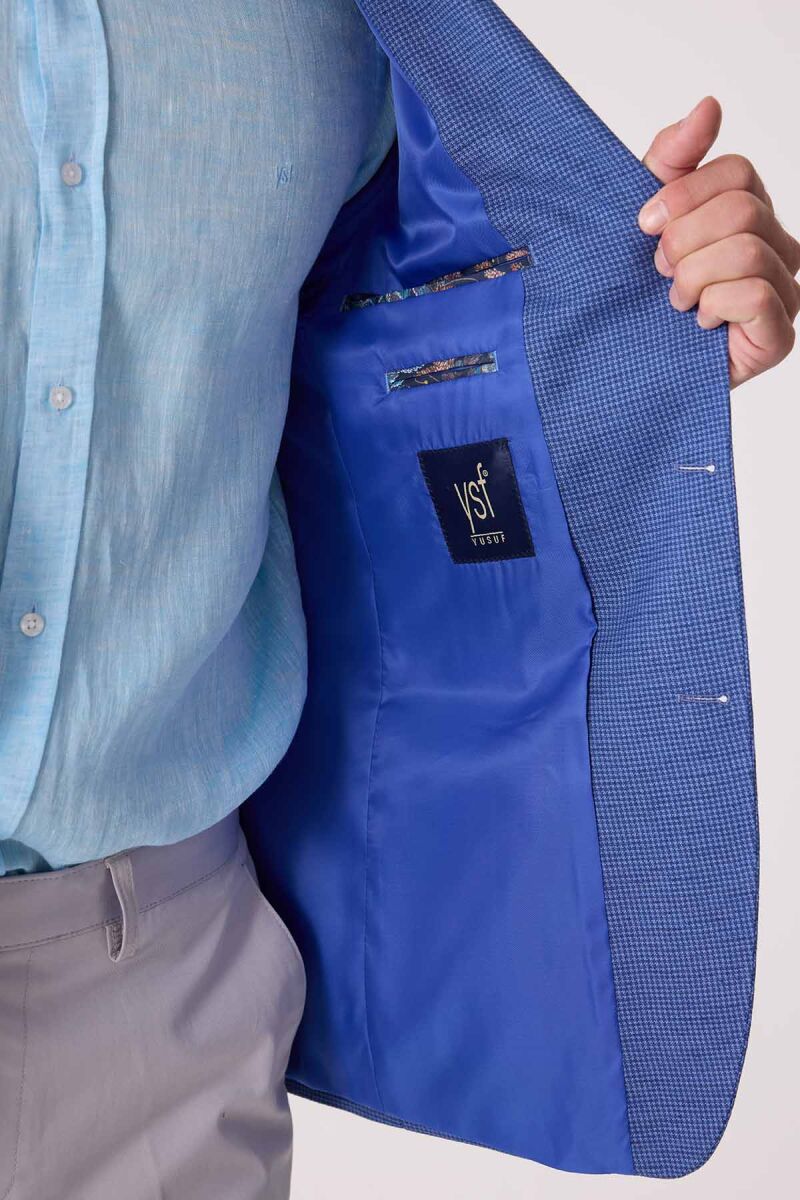 Erkek Mavi Regular Fit Keten Karışımlı Mono Yaka Ceket - 7