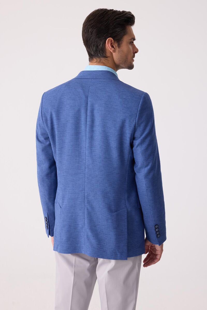 Erkek Mavi Regular Fit Keten Karışımlı Mono Yaka Ceket - 8