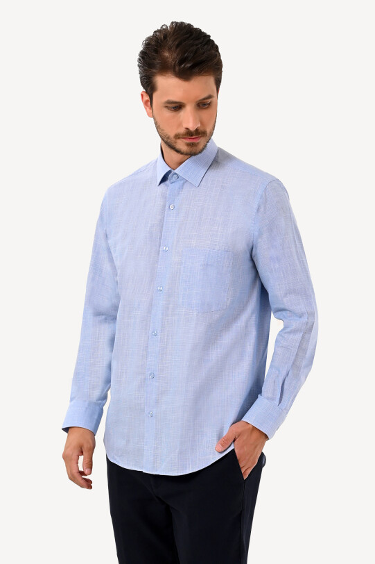 Erkek Mavi Regular Fit Klasik Yaka Uzun Kol Gömlek