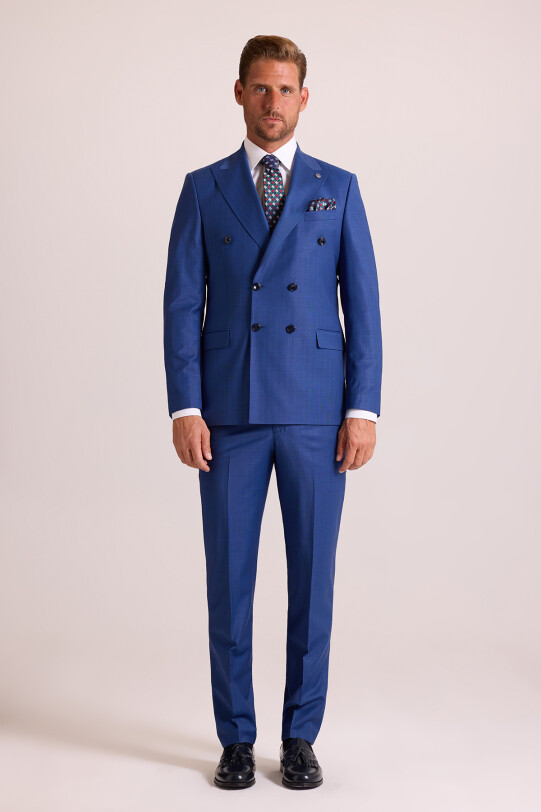 Erkek Mavi Regular Fit Kruvaze Takım Elbise