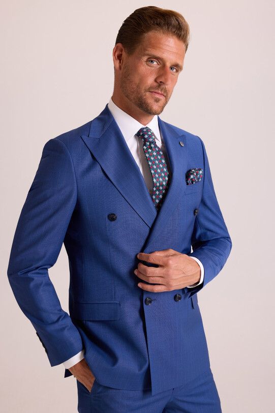 Erkek Mavi Regular Fit Kruvaze Takım Elbise
