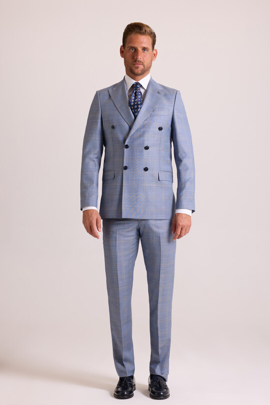 Erkek Mavi Regular Fit Kruvaze Yün Takım Elbise