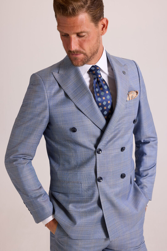 Erkek Mavi Regular Fit Kruvaze Yün Takım Elbise