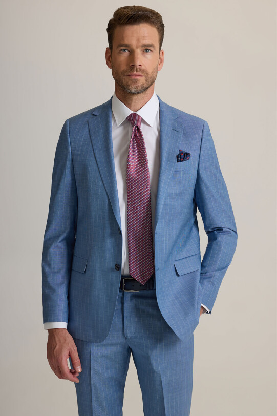Erkek Mavi Regular Fit Mono Yaka Çizgili %100 Yün Takım Elbise