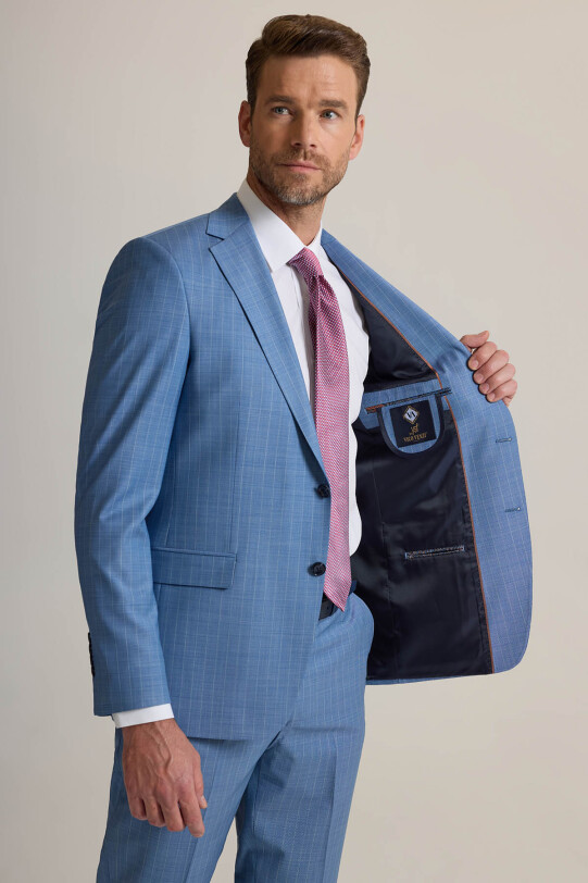 Erkek Mavi Regular Fit Mono Yaka Çizgili %100 Yün Takım Elbise