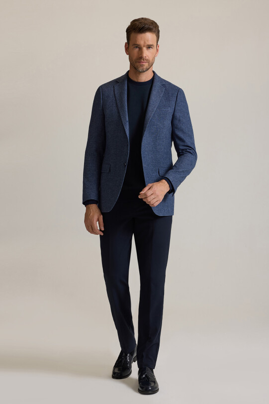 Erkek Mavi Regular Fit Mono Yaka Kışlık Yünlü Ceket